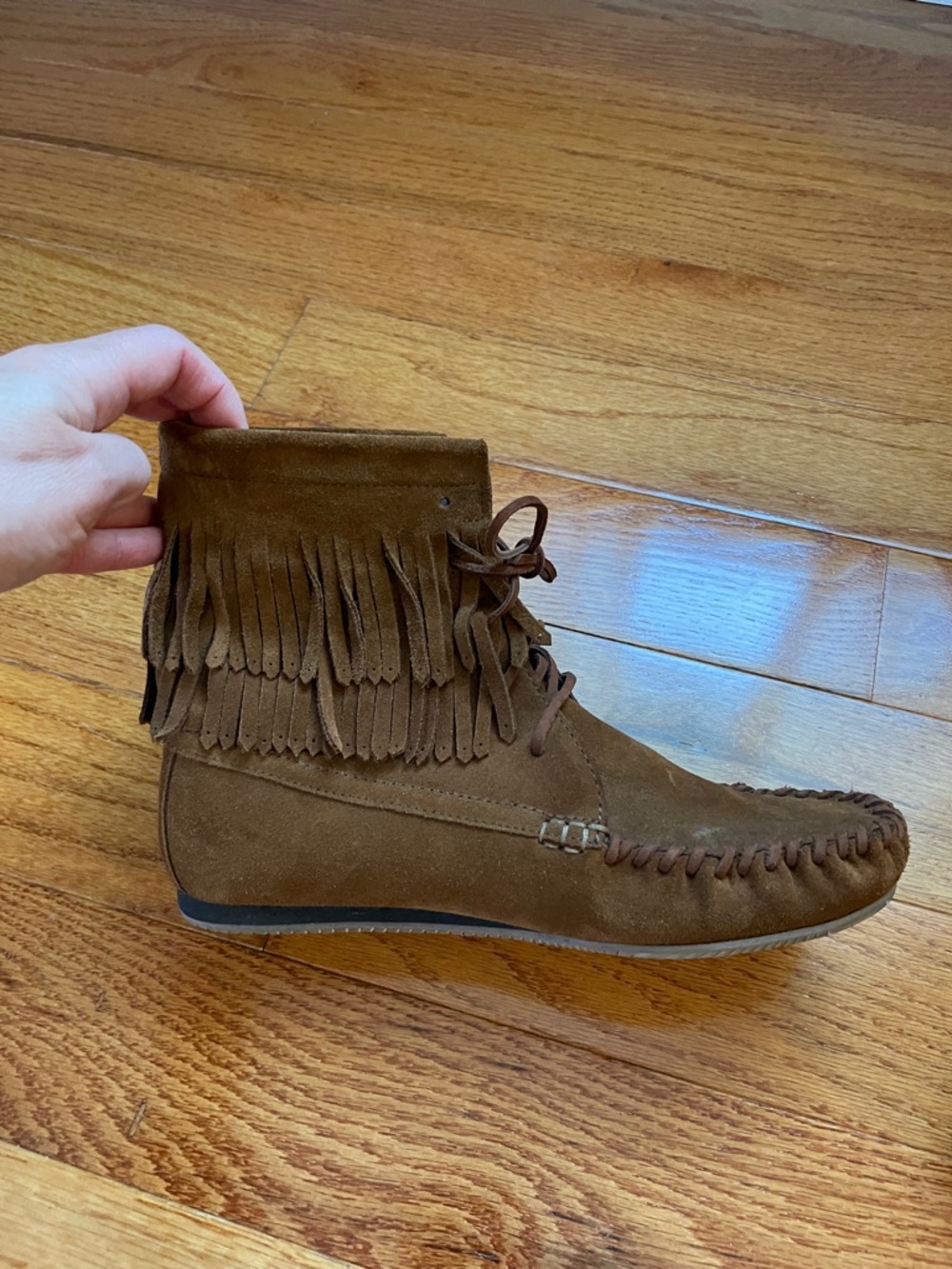 Fringed Suede Flat Moccasin Ankle Boots Boho Western Festival Summer Size 38 / 7 - Picture 6 of 10